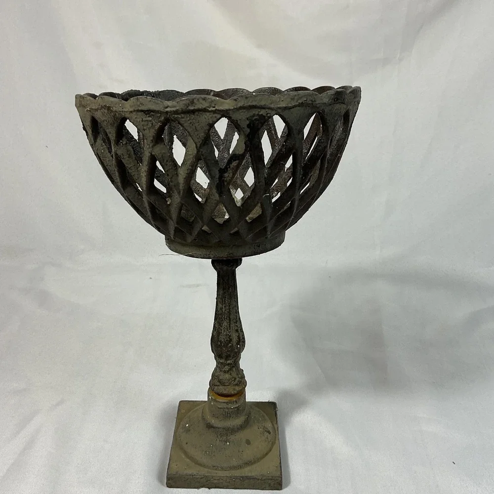 Wrought Iron Pedestal Bowl Lattice Compote with Scalloped Rim Distressed Country
